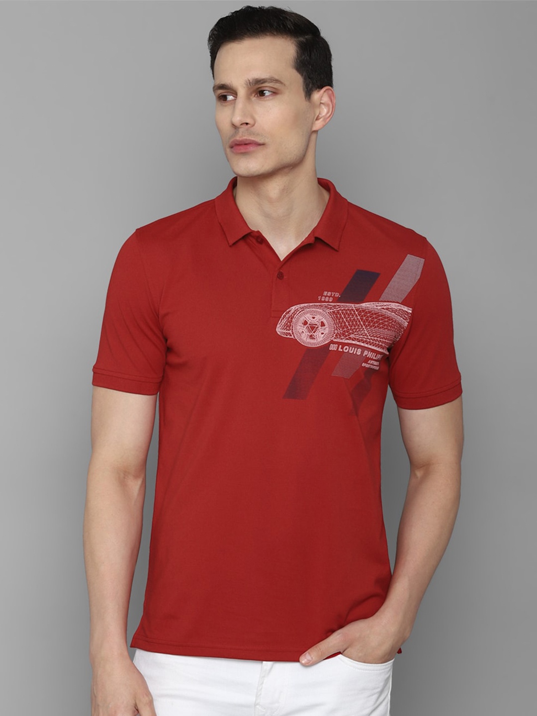 Louis Philippe Sport Graphic Polo Collar Slim Fit Pure Cotton T-shirt, Maroon