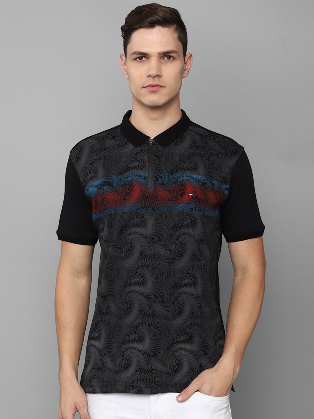 

Louis Philippe Jeans Abstract Printed Polo Collar Slim Fit Pure Cotton T-Shirt, Black
