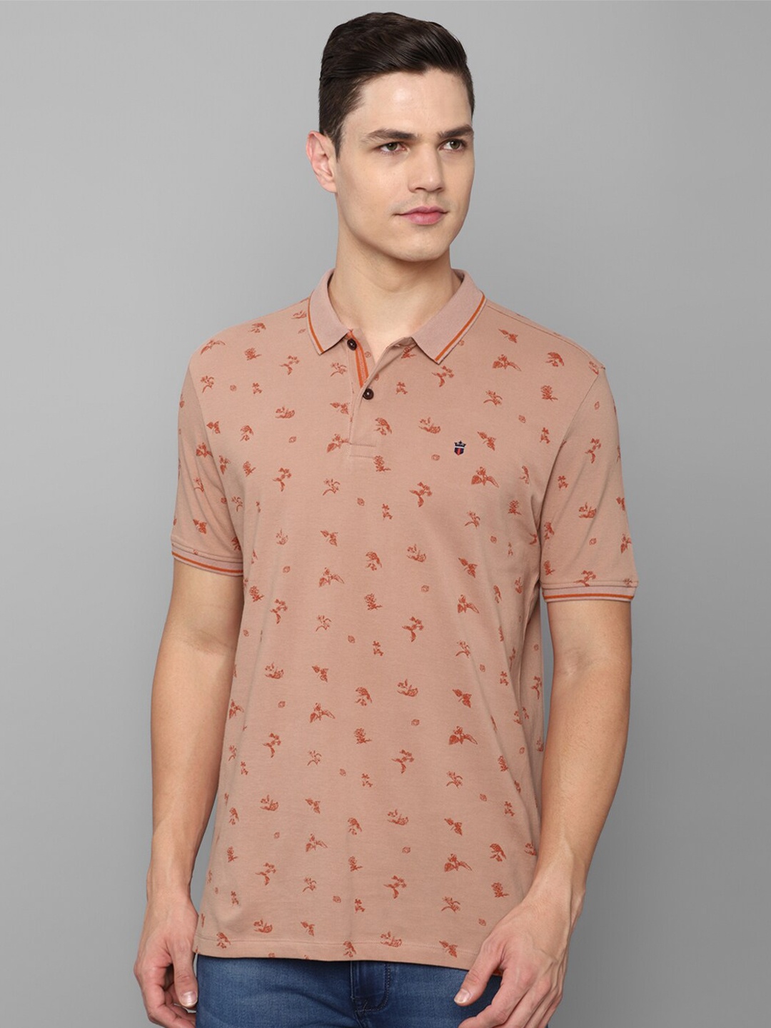 

Louis Philippe Jeans Floral Printed Polo Collar Slim Fit Pure Cotton T-Shirt, Peach