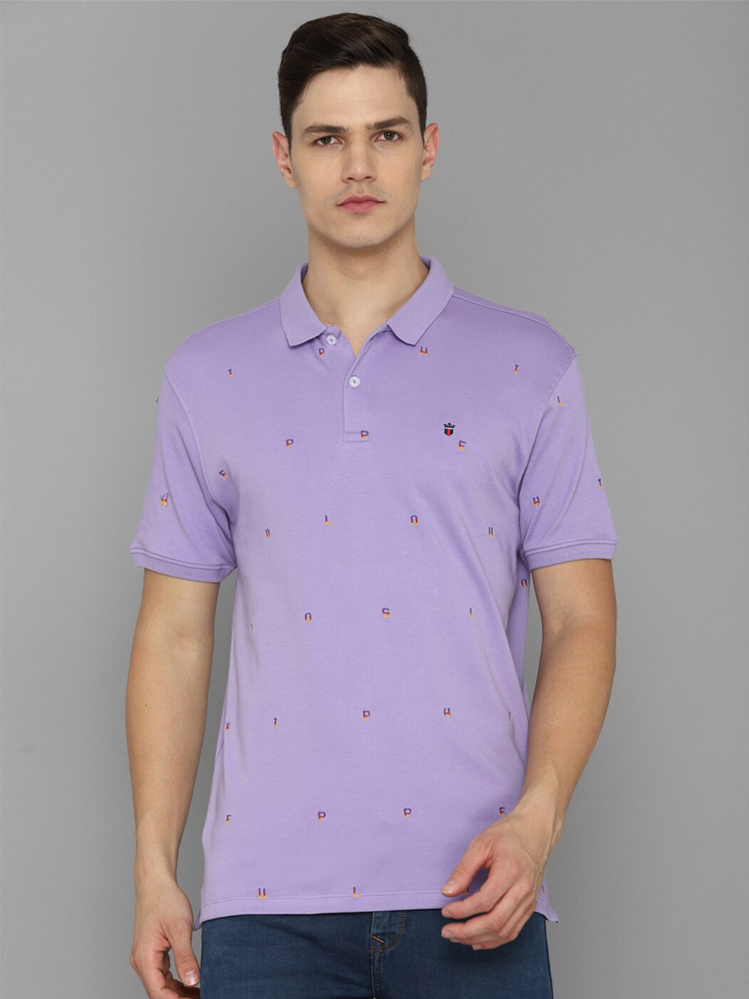 

Louis Philippe Jeans Typography Printed Polo Collar Slim Fit Pure Cotton T-Shirt, Purple
