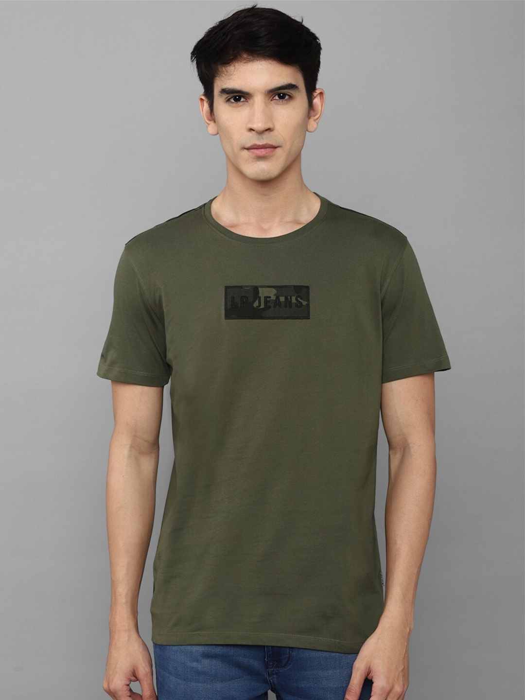 

Louis Philippe Jeans Camouflage Printed Slim Fit Pure Cotton T-Shirt, Olive