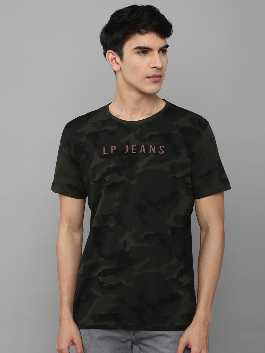 

Louis Philippe Jeans Camouflage Printed Slim Fit Pure Cotton T-Shirt, Olive