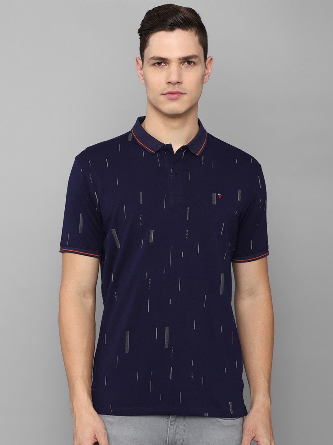 

Louis Philippe Jeans Conversational Printed Polo Collar Slim Fit Pure Cotton T-Shirt, Navy blue