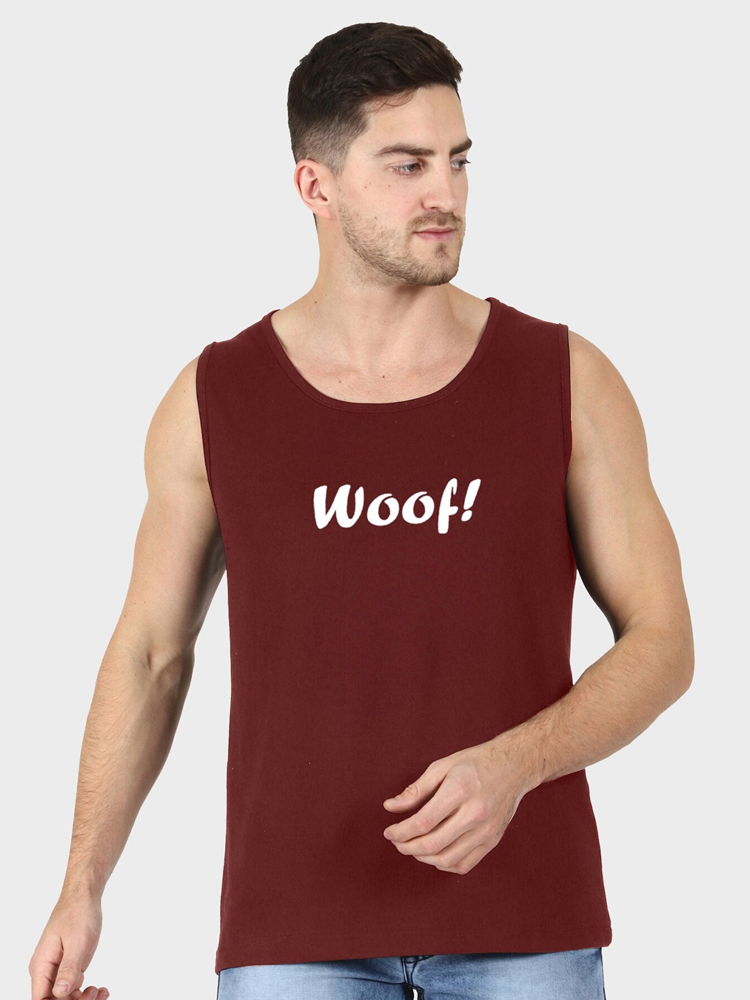 T-SHIRT TRUCK Typography Printed Sleeveless Cotton T-shirt, Maroon
