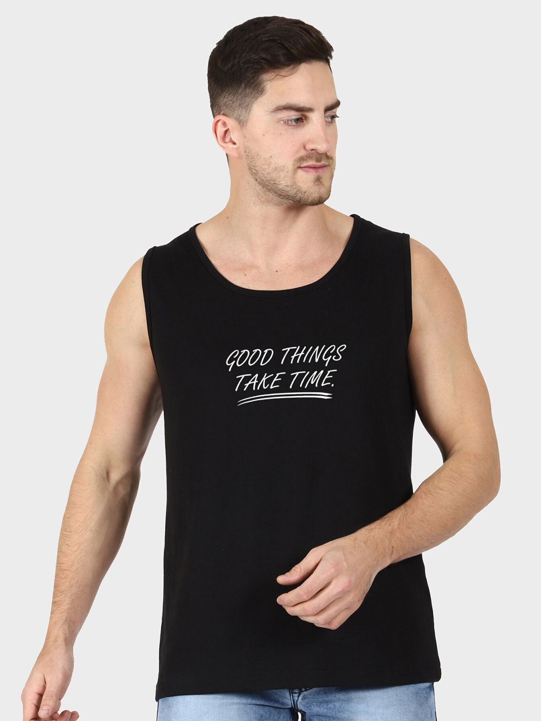 

T-SHIRT TRUCK Typography Printed Sleeveless Cotton T-shirt, Black