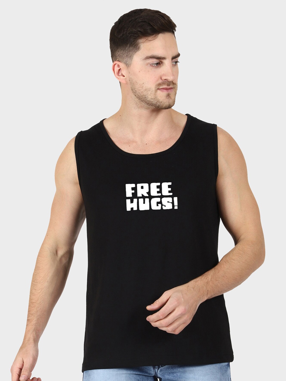 

T-SHIRT TRUCK Typography Printed Sleeveless Cotton T-shirt, Black