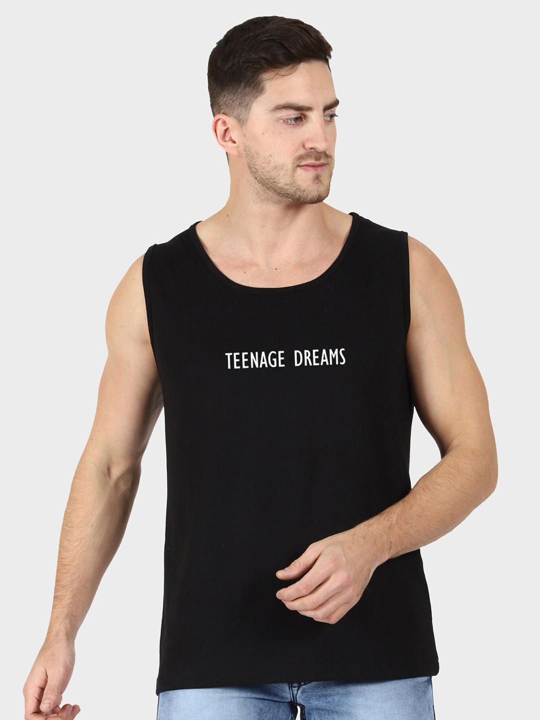 

T-SHIRT TRUCK Typography Printed Sleeveless Cotton T-shirt, Black