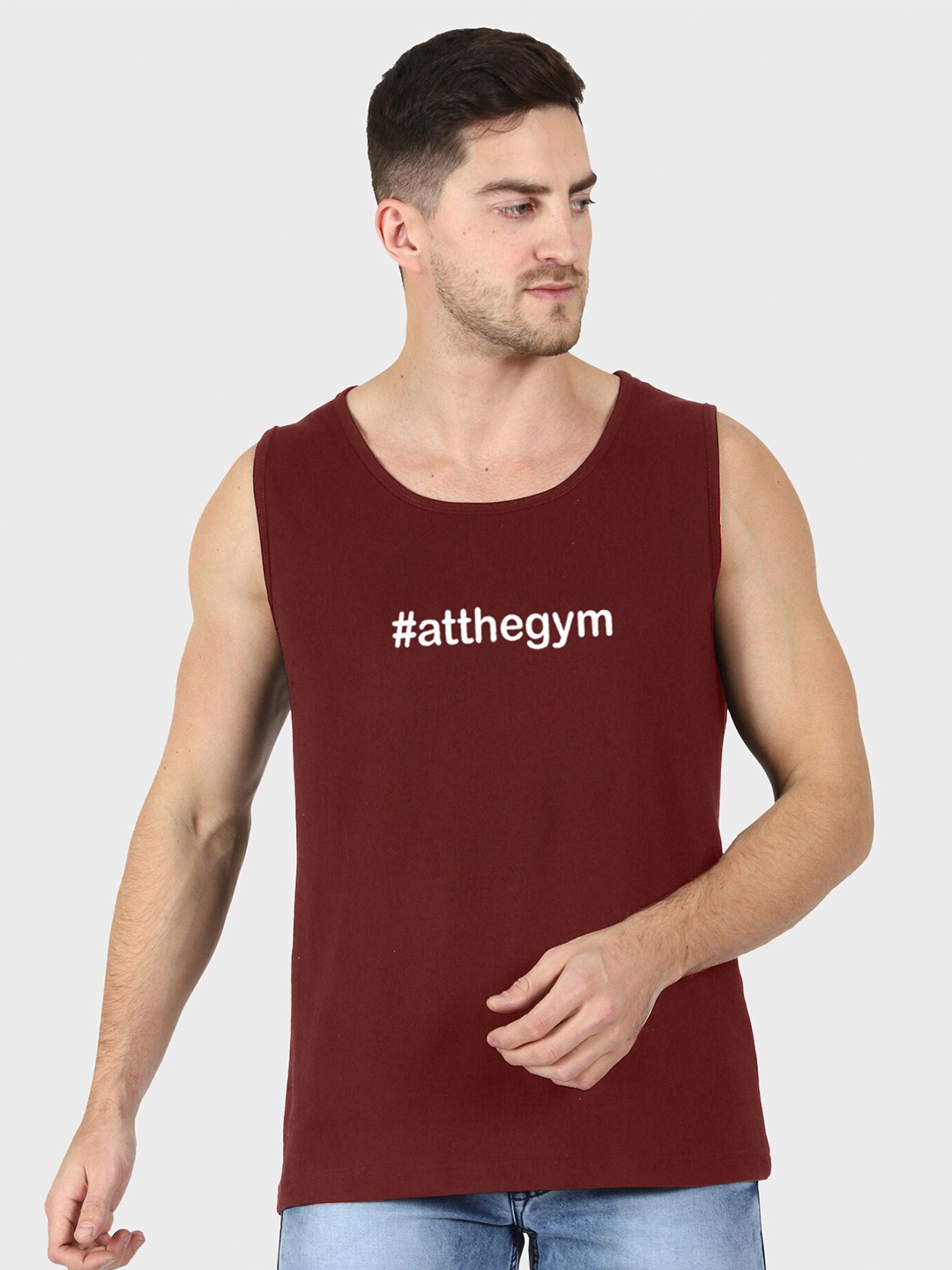 

T-SHIRT TRUCK Typography Printed Sleeveless Cotton T-Shirt, Maroon