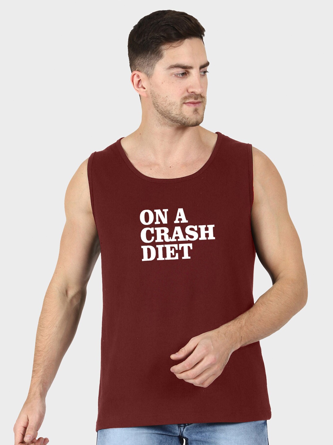 T-SHIRT TRUCK Typography Printed Sleeveless Cotton T-shirt, Maroon