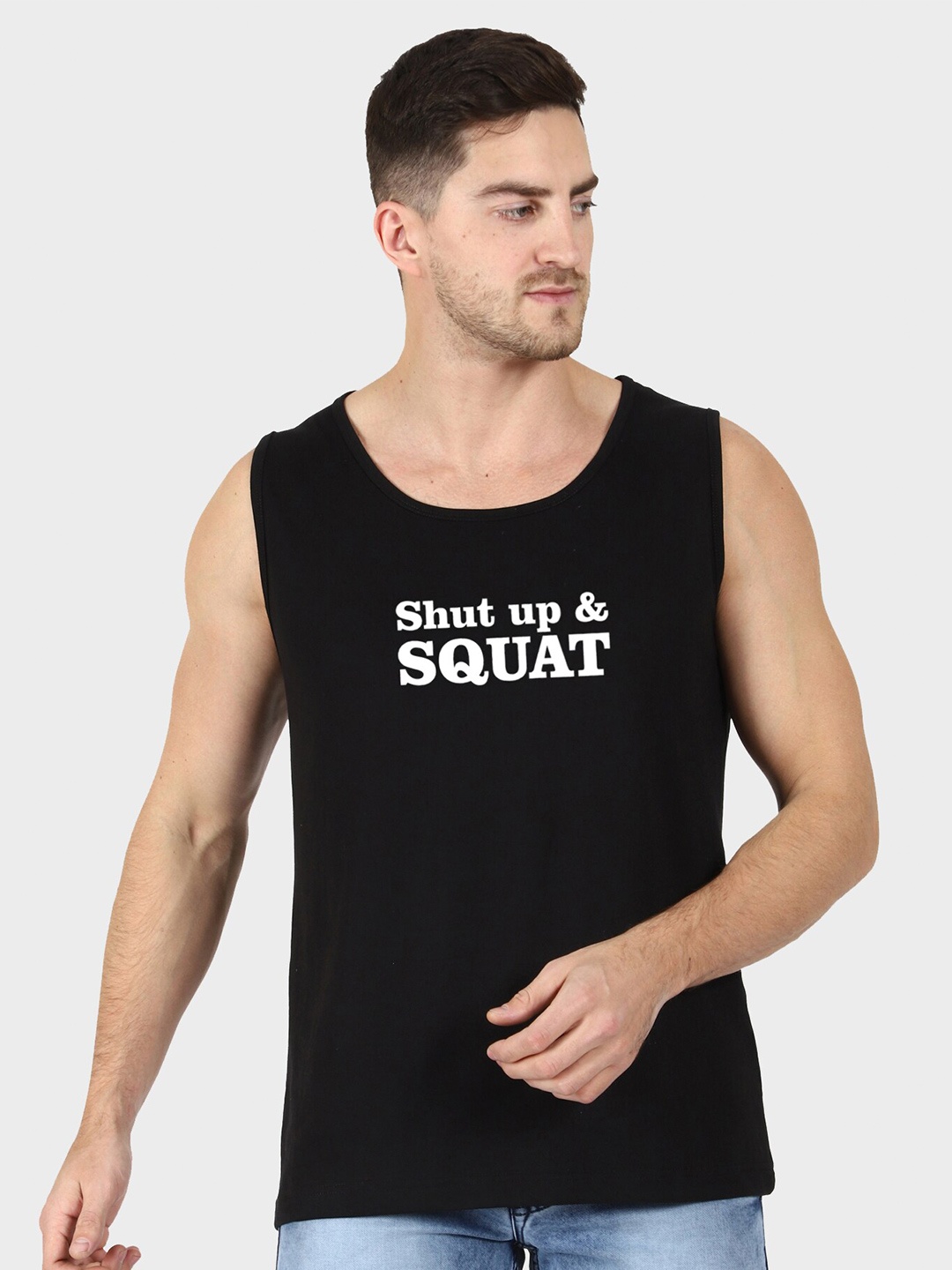 T-SHIRT TRUCK Typography Printed Sleeveless Cotton Casual T-shirt, Black