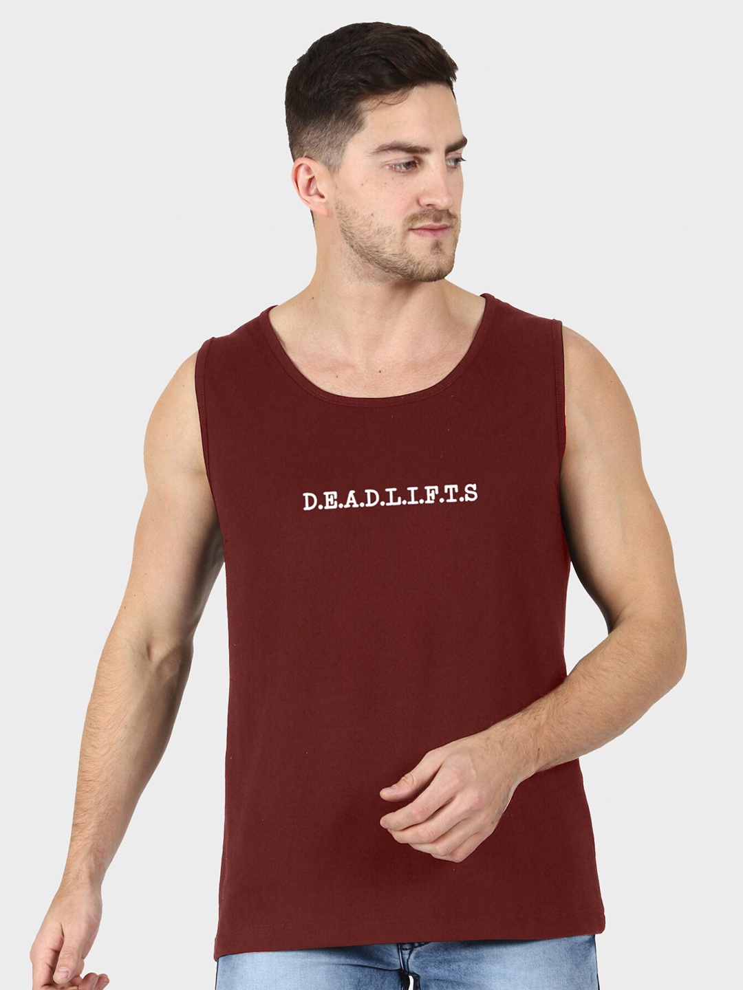 T-SHIRT TRUCK Typography Printed Sleeveless Cotton T-shirt, Maroon