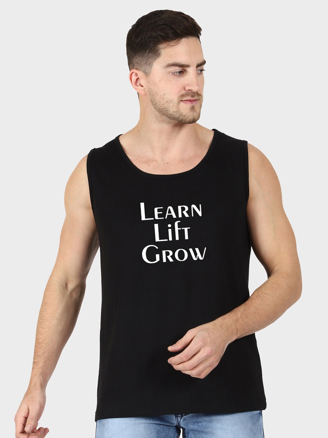 T-SHIRT TRUCK Typography Printed Sleeveless Cotton Casual T-shirt, Black