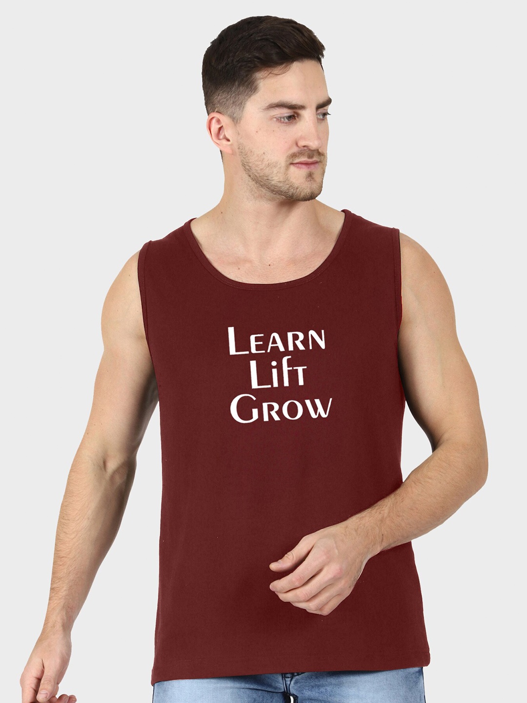 T-SHIRT TRUCK Typography Printed Sleeveless Cotton Casual T-shirt, Maroon
