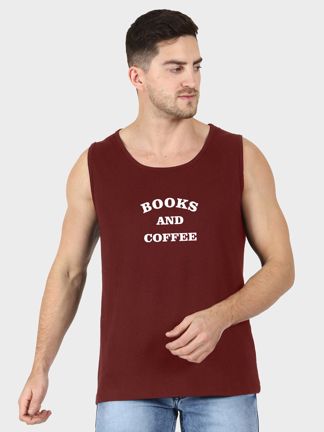 

T-SHIRT TRUCK Typography Printed Sleeveless Cotton T-Shirt, Maroon