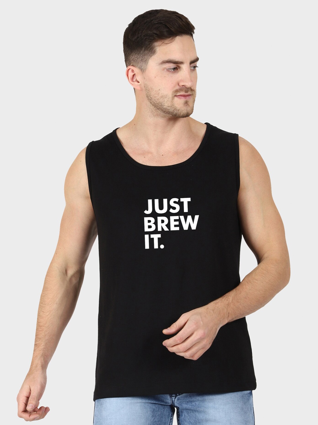 

T-SHIRT TRUCK Typography Printed Sleeveless Cotton T-Shirt, Black