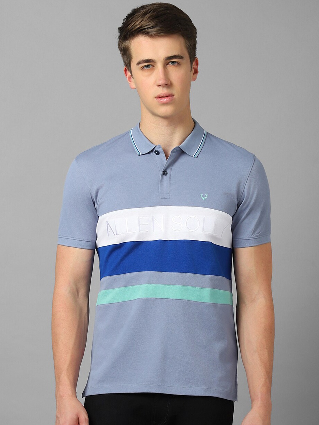

Allen Solly Striped Polo Collar Pure Cotton T-shirt, Blue