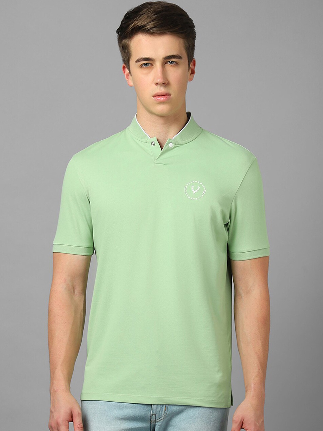 

Allen Solly Mandarin Collar Short Sleeves Pure Cotton T-shirt, Green