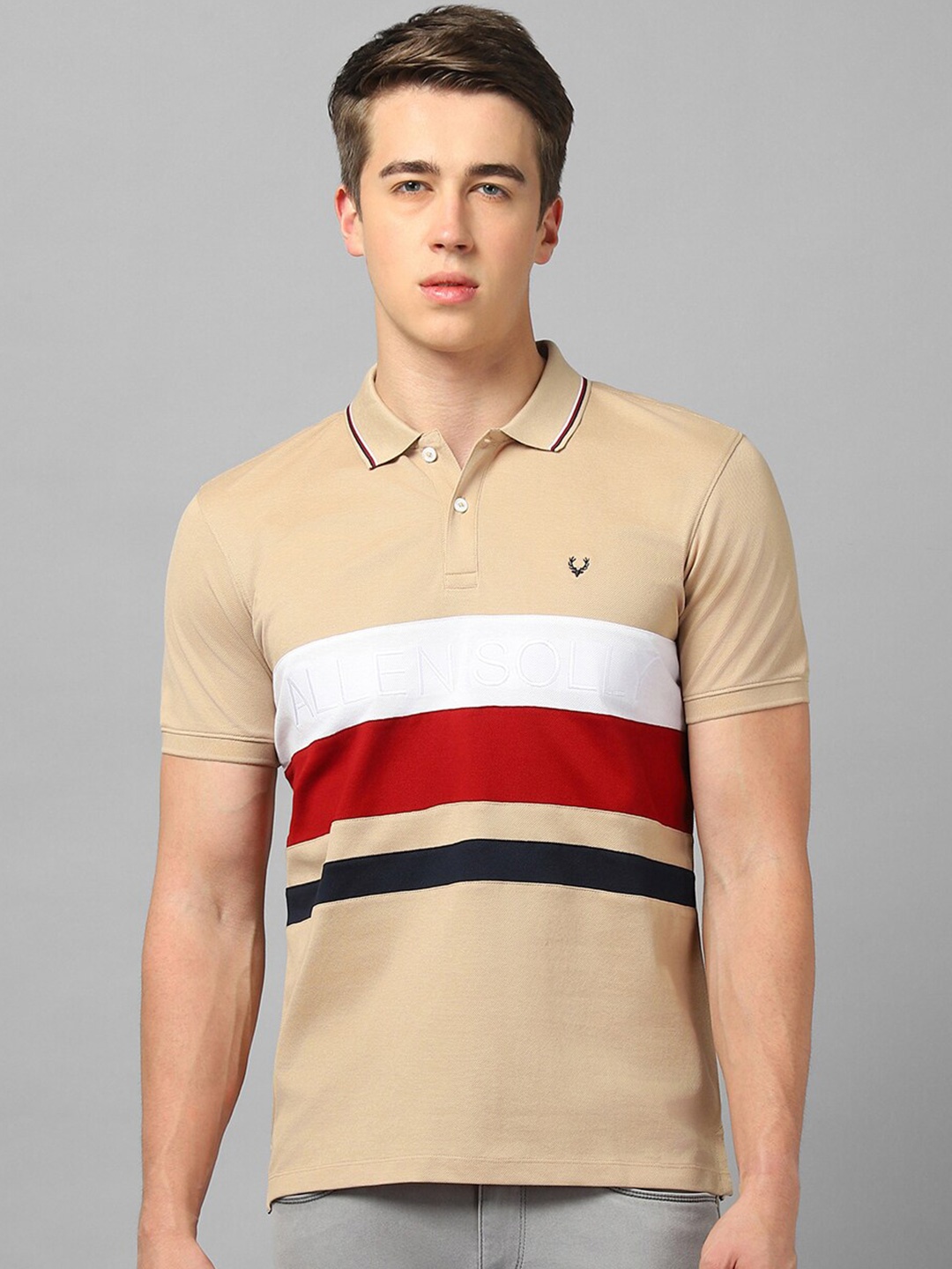 

Allen Solly Striped Polo Collar Pure Cotton T-shirt, Beige