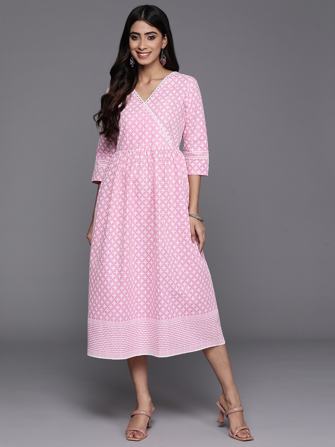 

Libas Floral Embroidered Midi Ethnic Dress, Pink