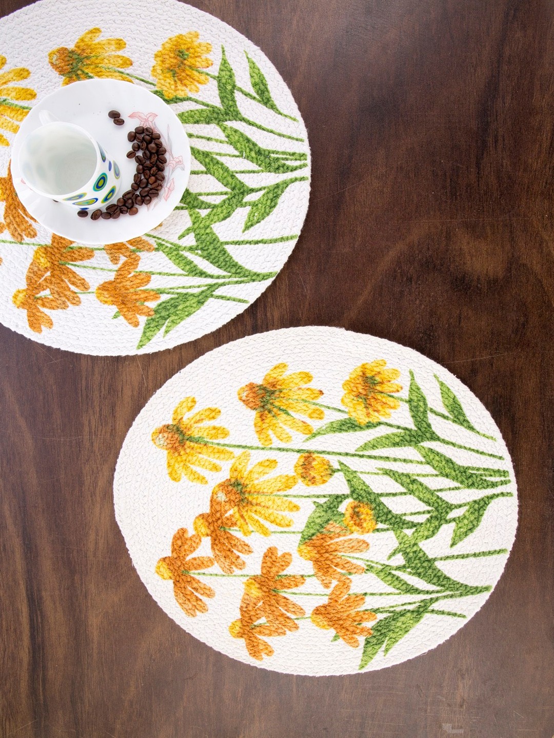 

KRAVIKA 2-Pcs White & Yellow Printed Cotton Table Placemats