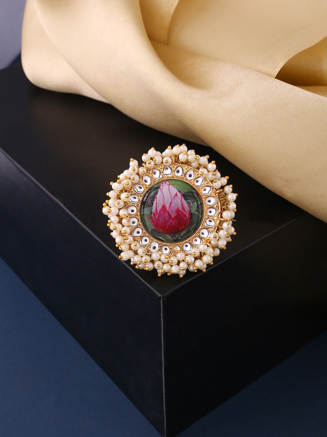 

NVR Gold-Plated Kundan-Studded & Pearl Beaded Finger Ring