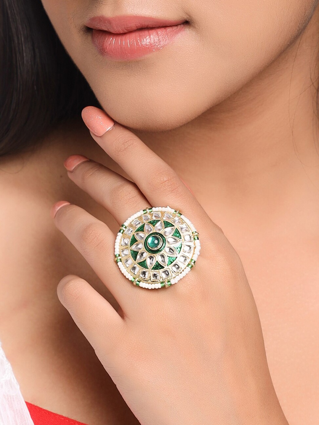 

NVR Gold-Plated Kundan-Studded & Pearl Beaded Finger Ring