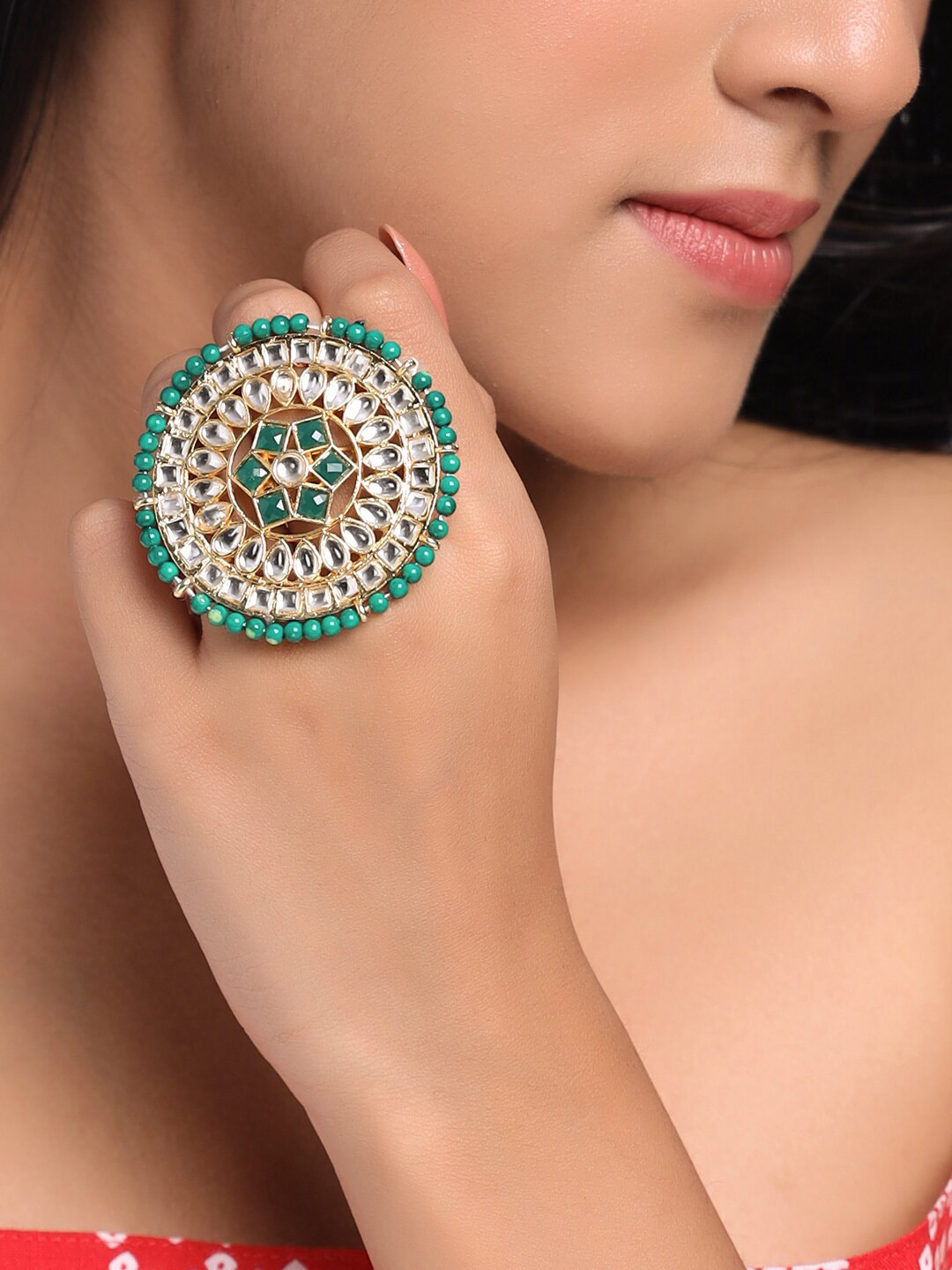 

NVR Gold-Plated Kundan-Studded & Pearl Beaded Finger Ring