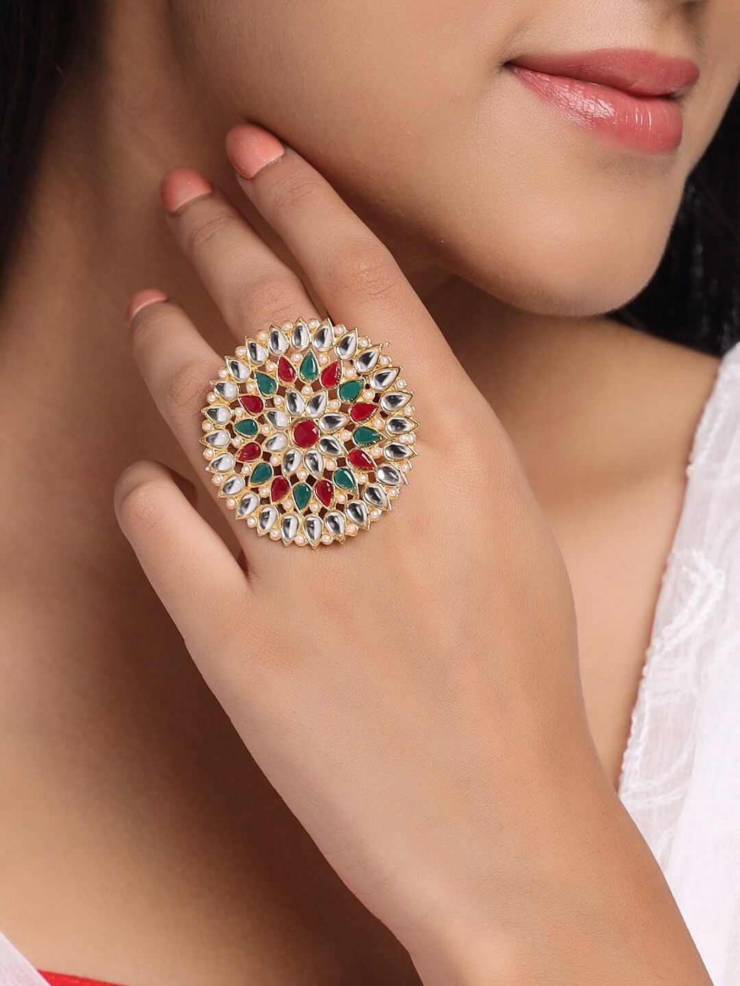 

NVR Gold-Plated Kundan-Studded & Pearl Beaded Finger Ring