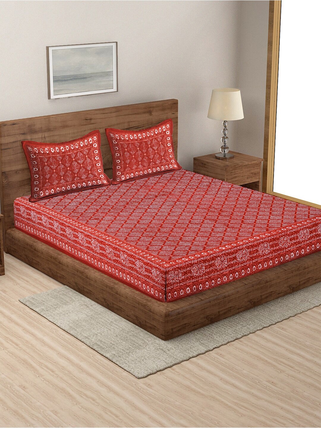 

Rajasthan Decor Red Ethnic Motifs 180 TC Cotton Queen Bedsheet with 2 Pillow Covers