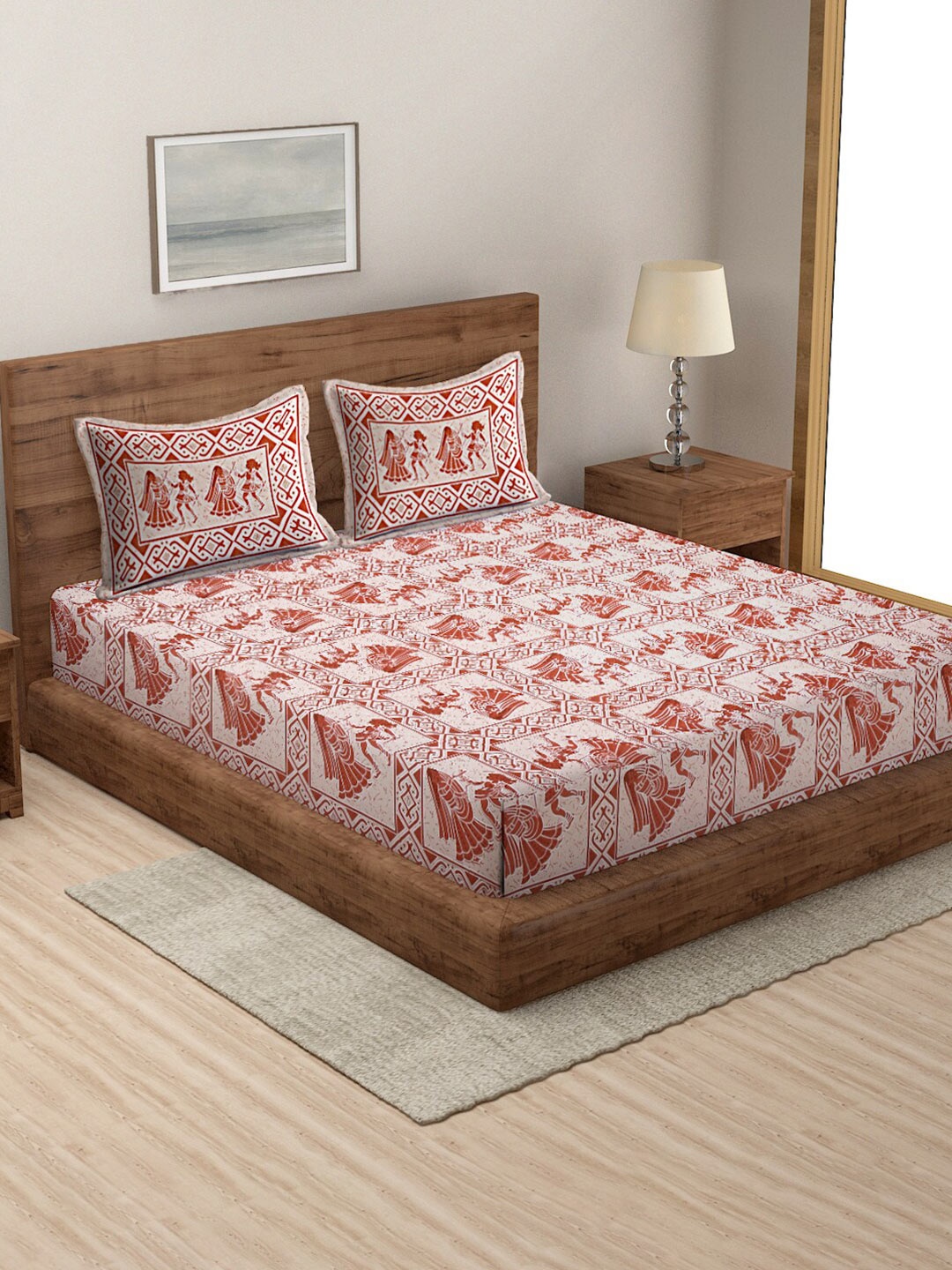 

Rajasthan Decor Peach-Coloured Ethnic Motifs 144TC Cotton Queen Bedsheet & 2 Pillow Covers