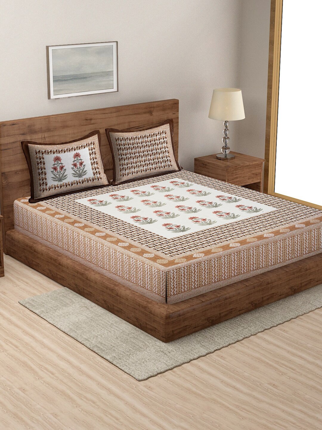

Rajasthan Decor White & Brown Ethnic Motifs 144 TC Cotton Queen Bedsheet & 2 Pillow Covers