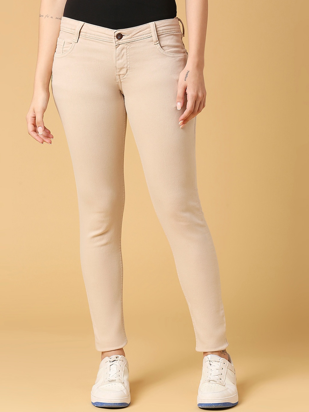 

HJ HASASI Women Mid Rise Slim Fit Stretchable Jeans, Beige