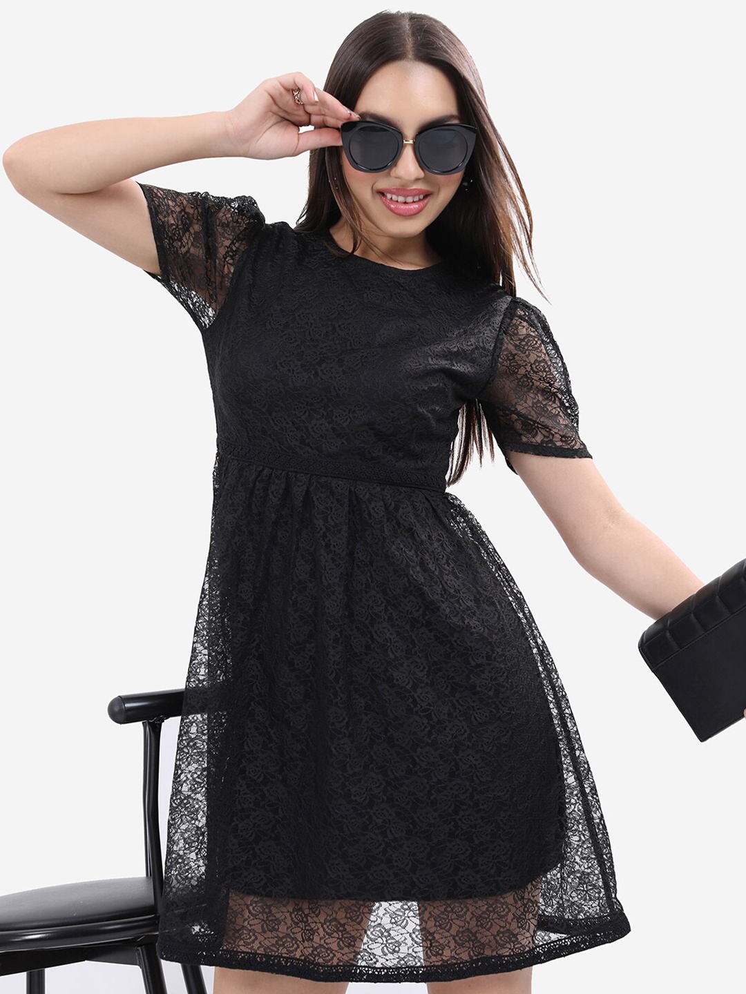 

KETCH Puff Sleeve Mini Fit & Flare Dress, Black
