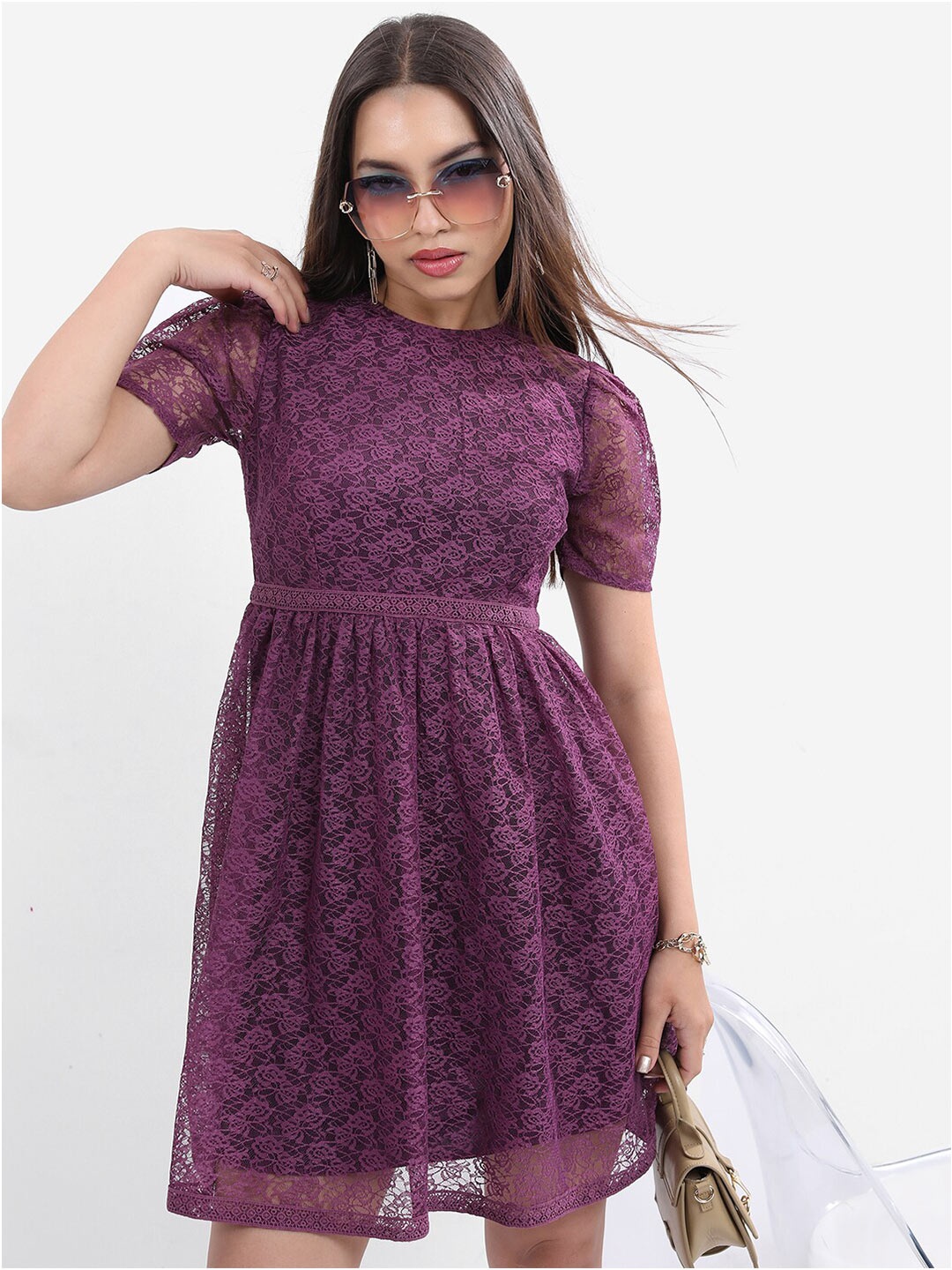 

KETCH Self Design Fit & Flare Mini Dress, Purple