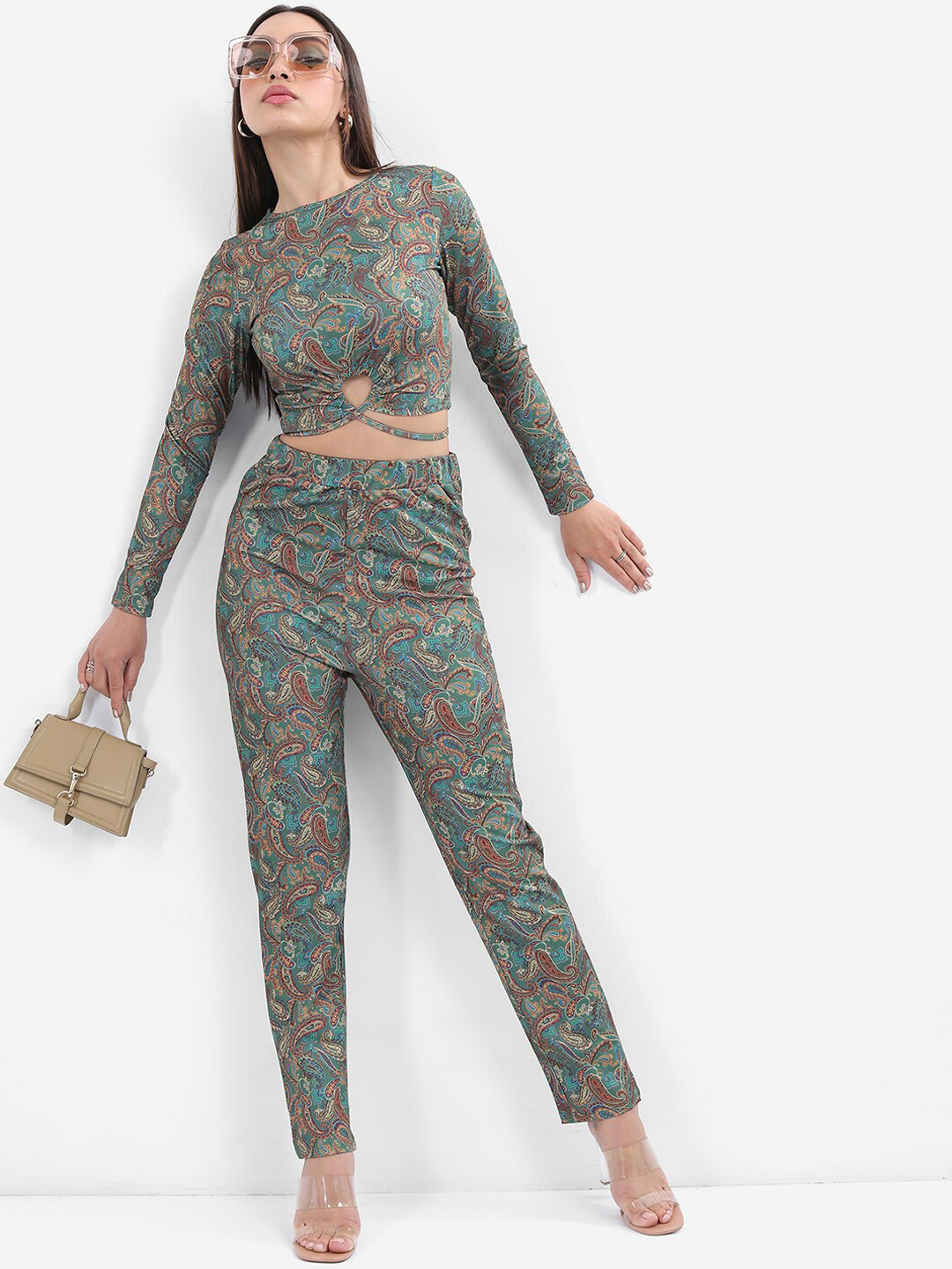 

KETCH Ethnic Motifs Printed Crop Top With Trouser Co-Ords, Green