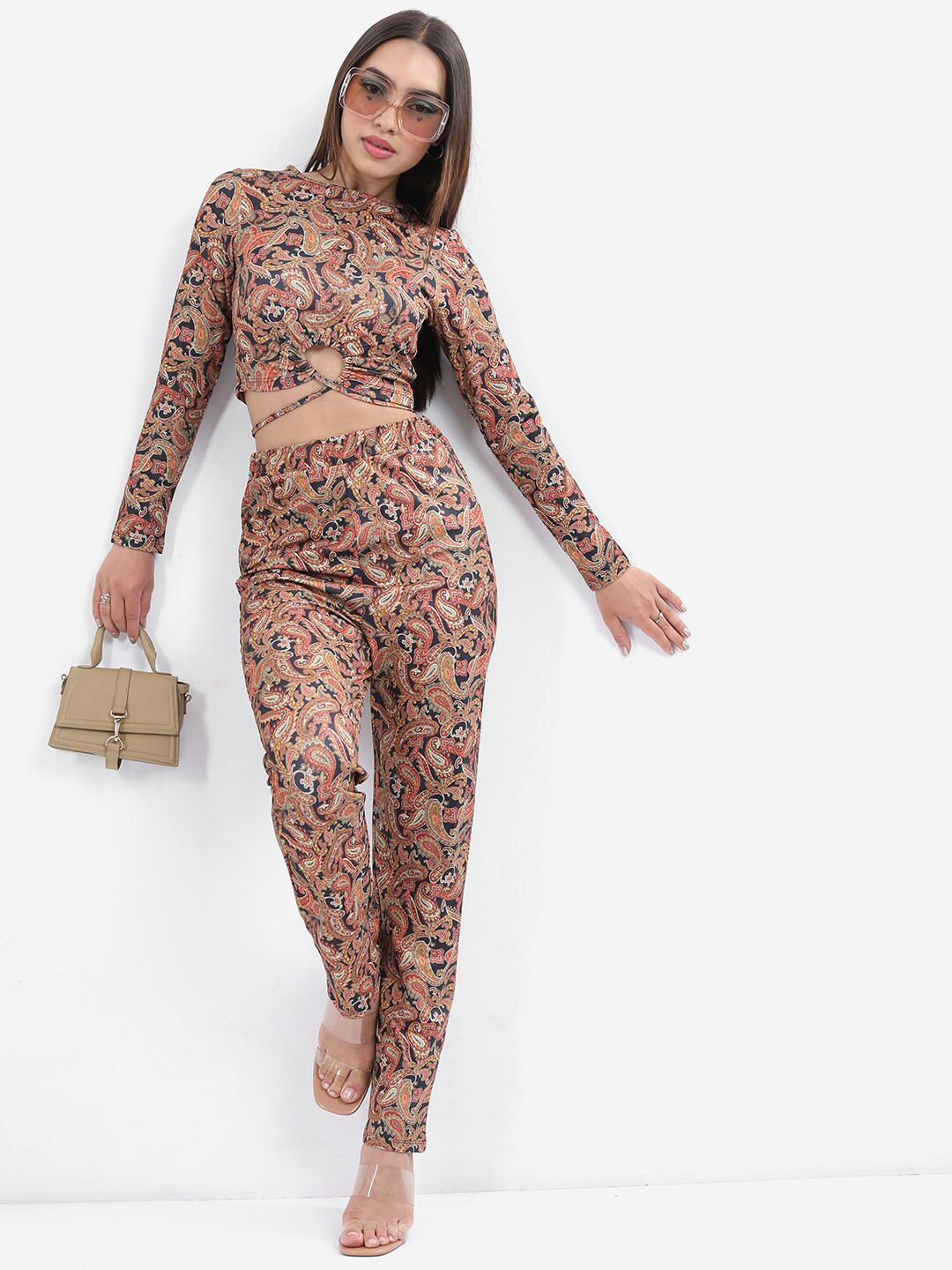 

KETCH Ethnic Motifs Printed Tie Up Crop Top & Trousers Co-Ords, Black
