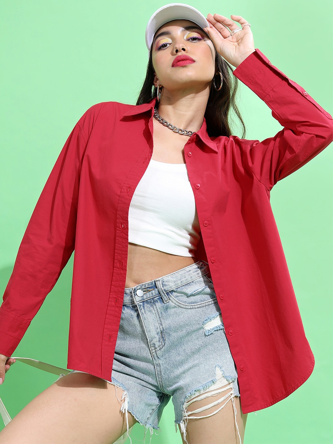 

Tokyo Talkies Red Spread Collar Cotton Casual Shirt
