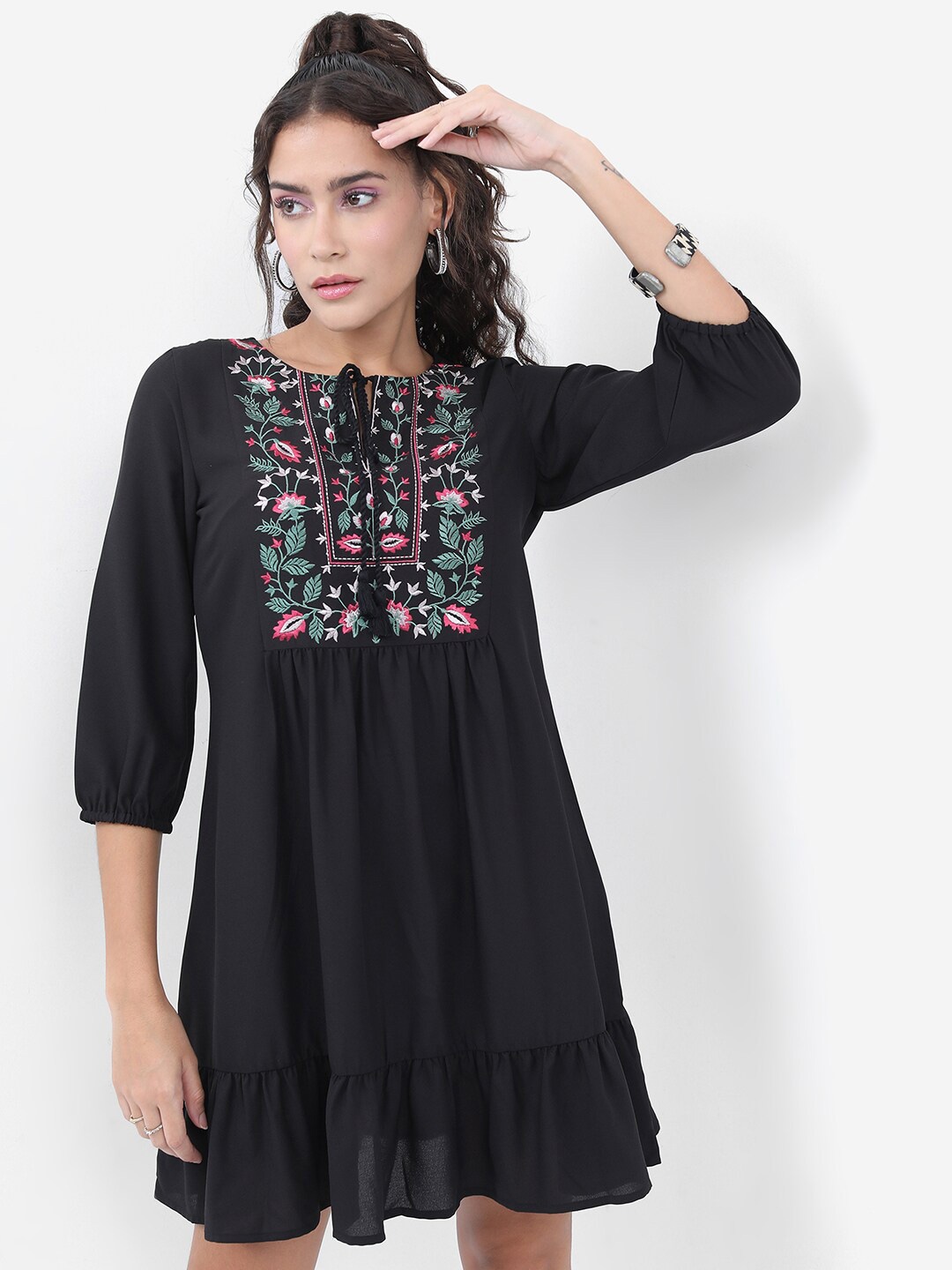 

Vishudh Black Floral Embroidered Tie-Up Neck A-Line Mini Dress