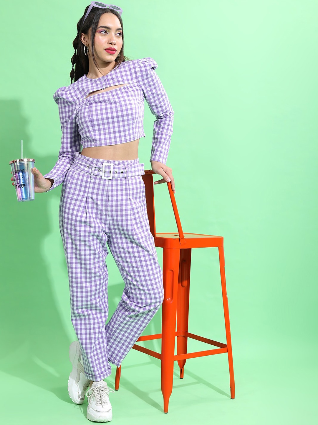 

Tokyo Talkies Checked Cotton Top With Trouser, Lavender