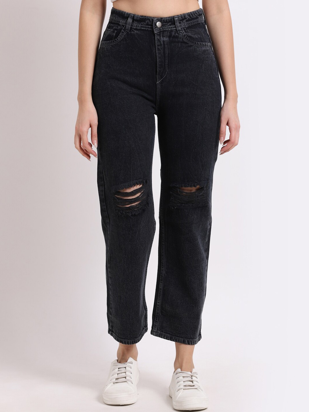 

HERE&NOW Women Mid Rise Flared Highly Distressed Stretchable Jeans, Charcoal