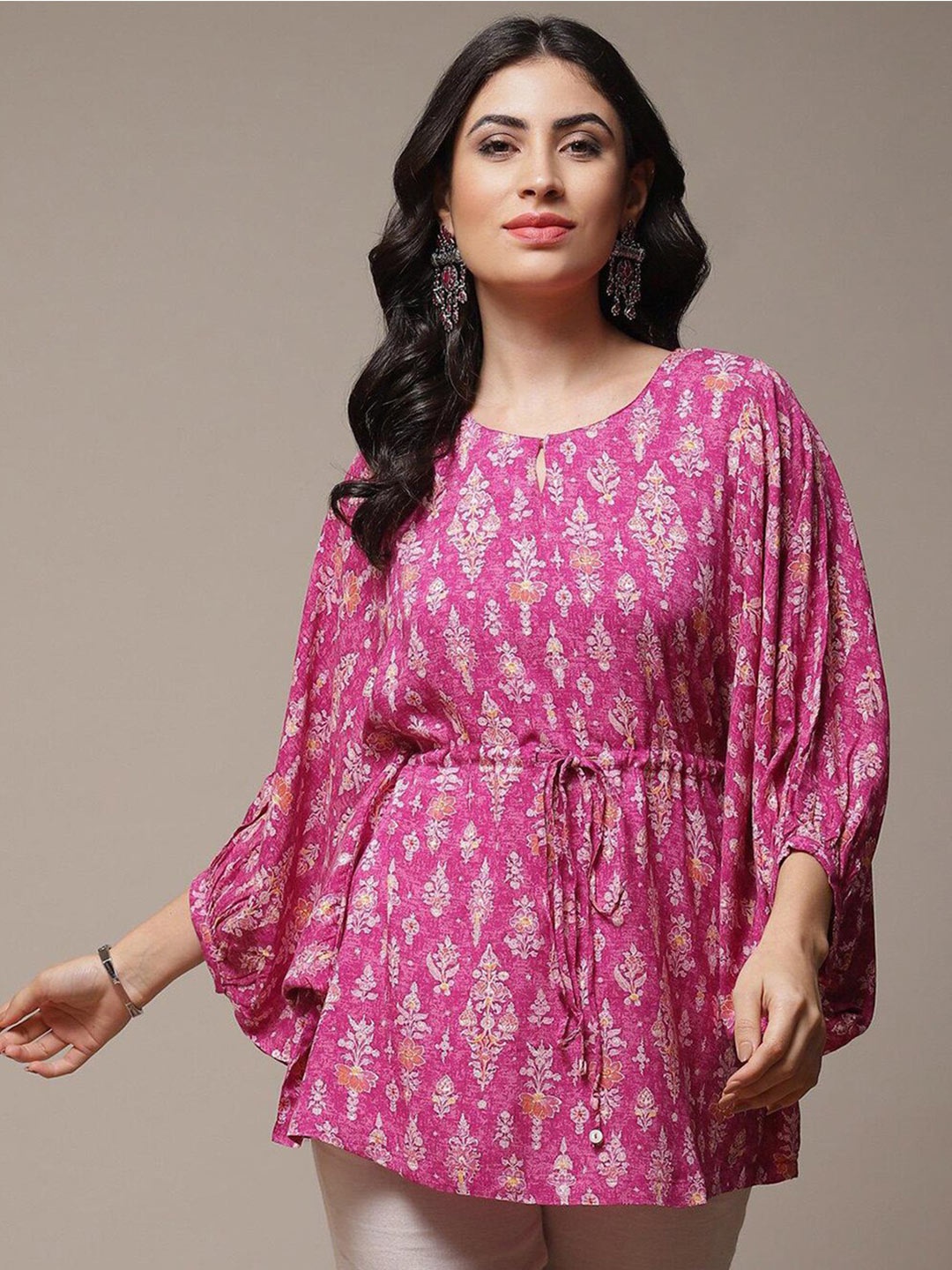 

Biba Purple Ethnic Motifs Printed Flared Sleeves Kaftan Kurti