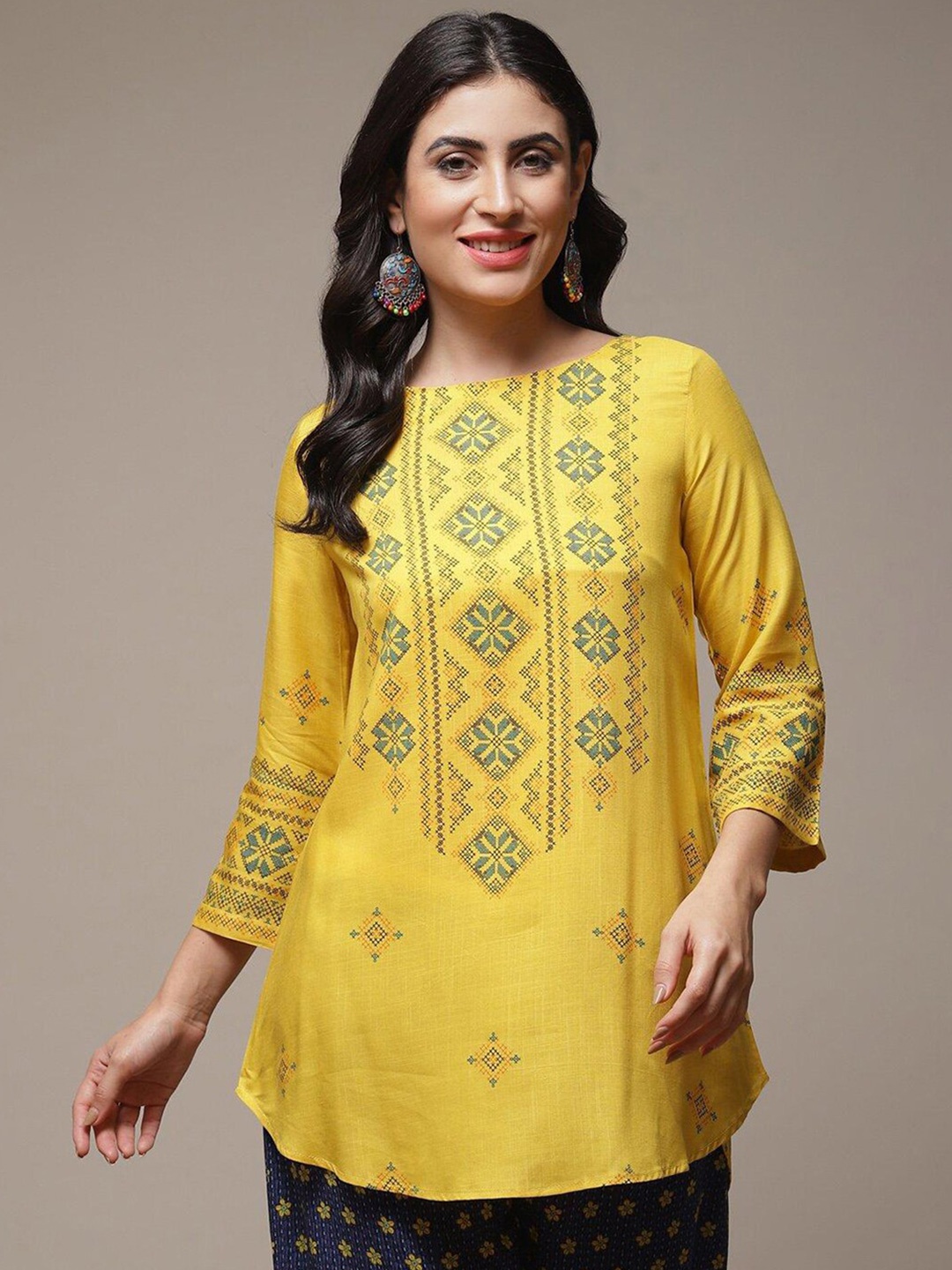 

Biba Ethnic Motifs Printed A-Line Curved Kurti, Mustard