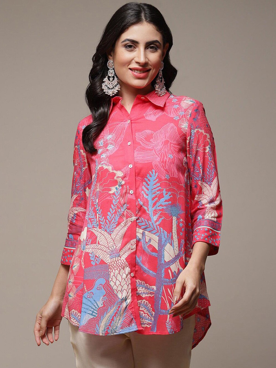 

Biba Floral Printed High Low Shirt Collar A-Line Tunic, Coral