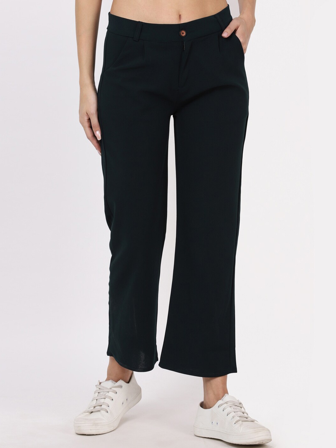 

HERE&NOW Women Teal Relaxed Straight Leg Flared Easy Wash Trousers, Black