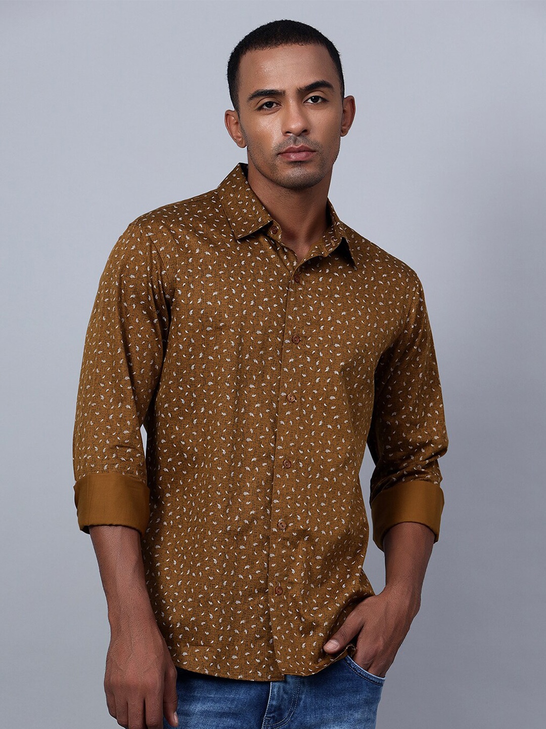 

Hencemade Classic Slim Fit Micro Ditsy Printed Cotton Casual Shirt, Brown