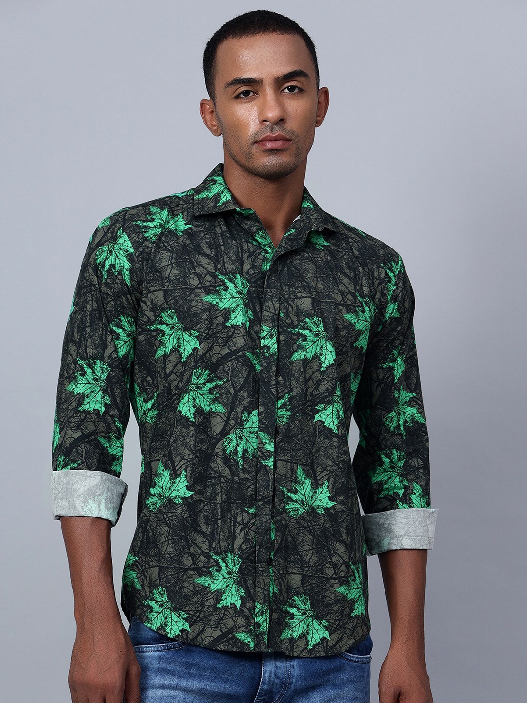 

Hencemade Classic Slim Fit Floral Printed Cotton Casual Shirt, Green