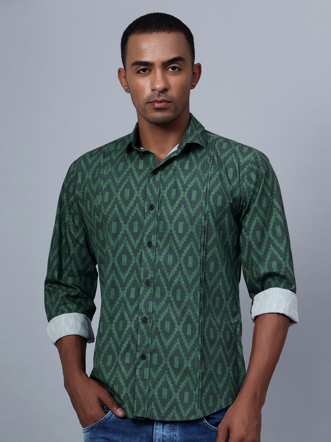 

Hencemade Classic Slim Fit Geometric Printed Cotton Casual Shirt, Green