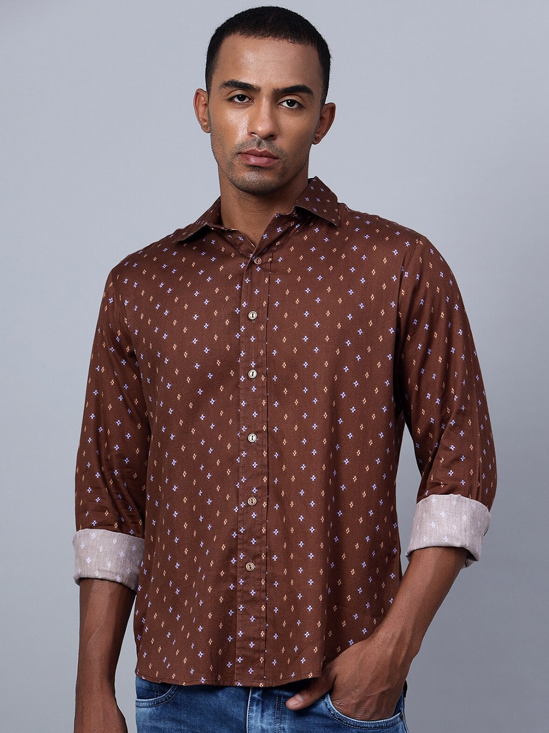 

Hencemade Classic Slim Fit Micro Ditsy Printed Casual Shirt, Brown