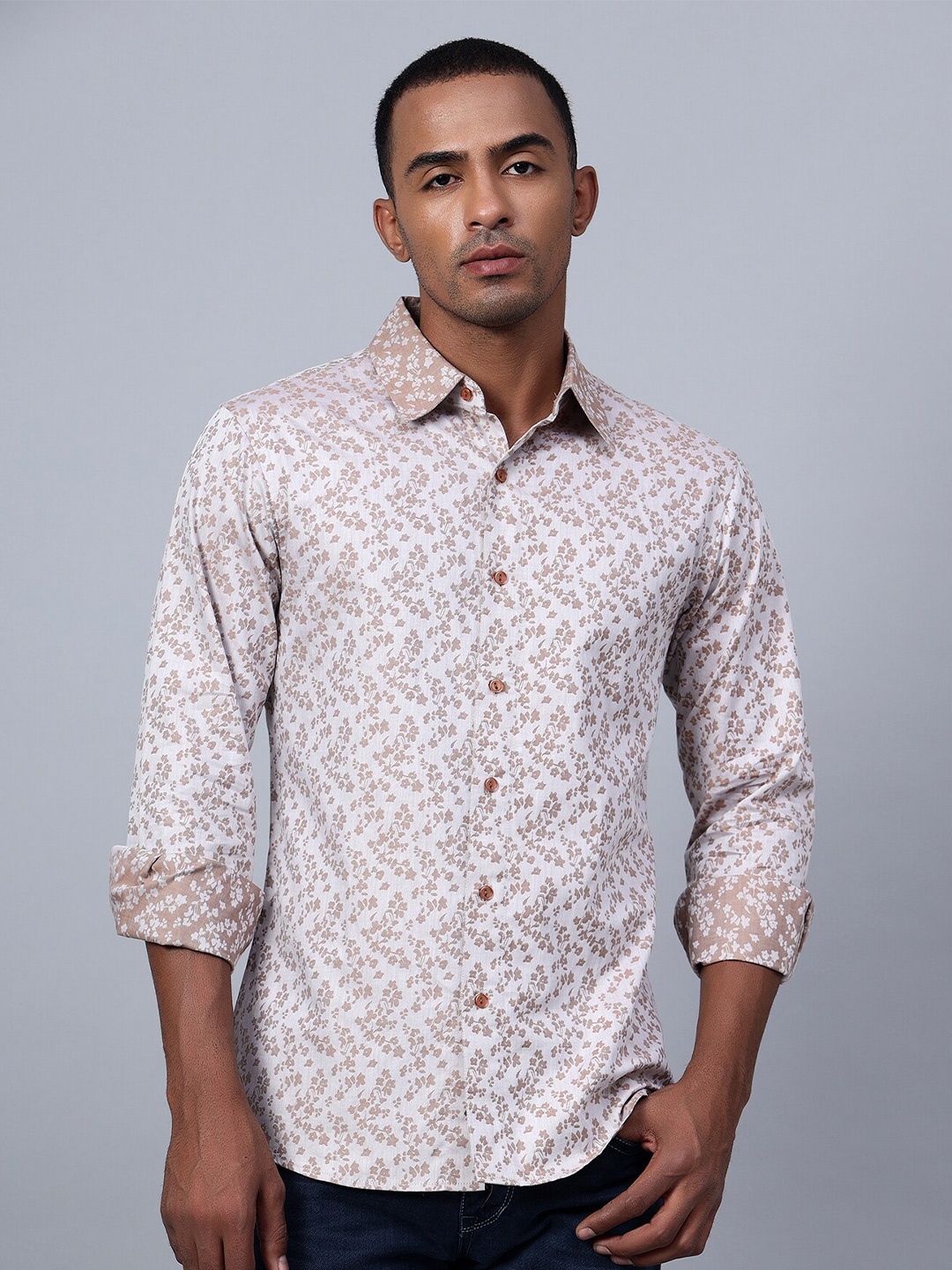 

Hencemade Classic Slim Fit Floral Printed Casual Shirt, Cream