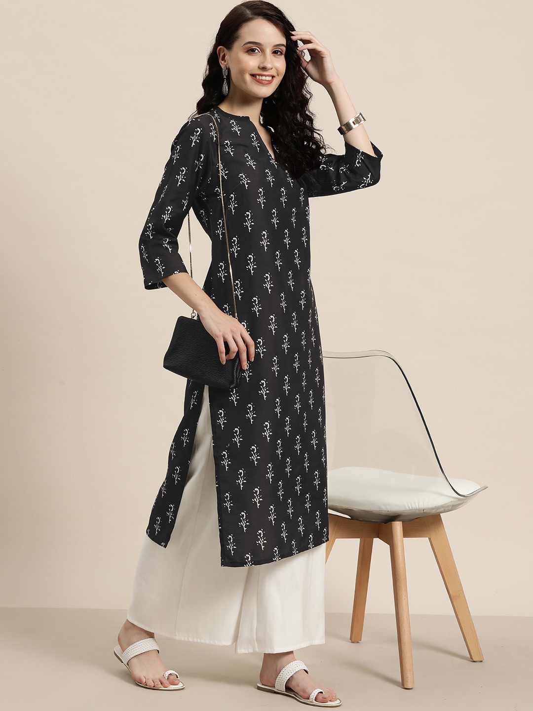 

HERE&NOW Printed Mandarin Collar Kurta, Black